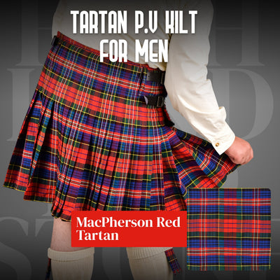 Kilt for Men I Macpherson Red Tartan Kilt Polyviscose 8 Yard Traditional Men Kilt | Big & Tall