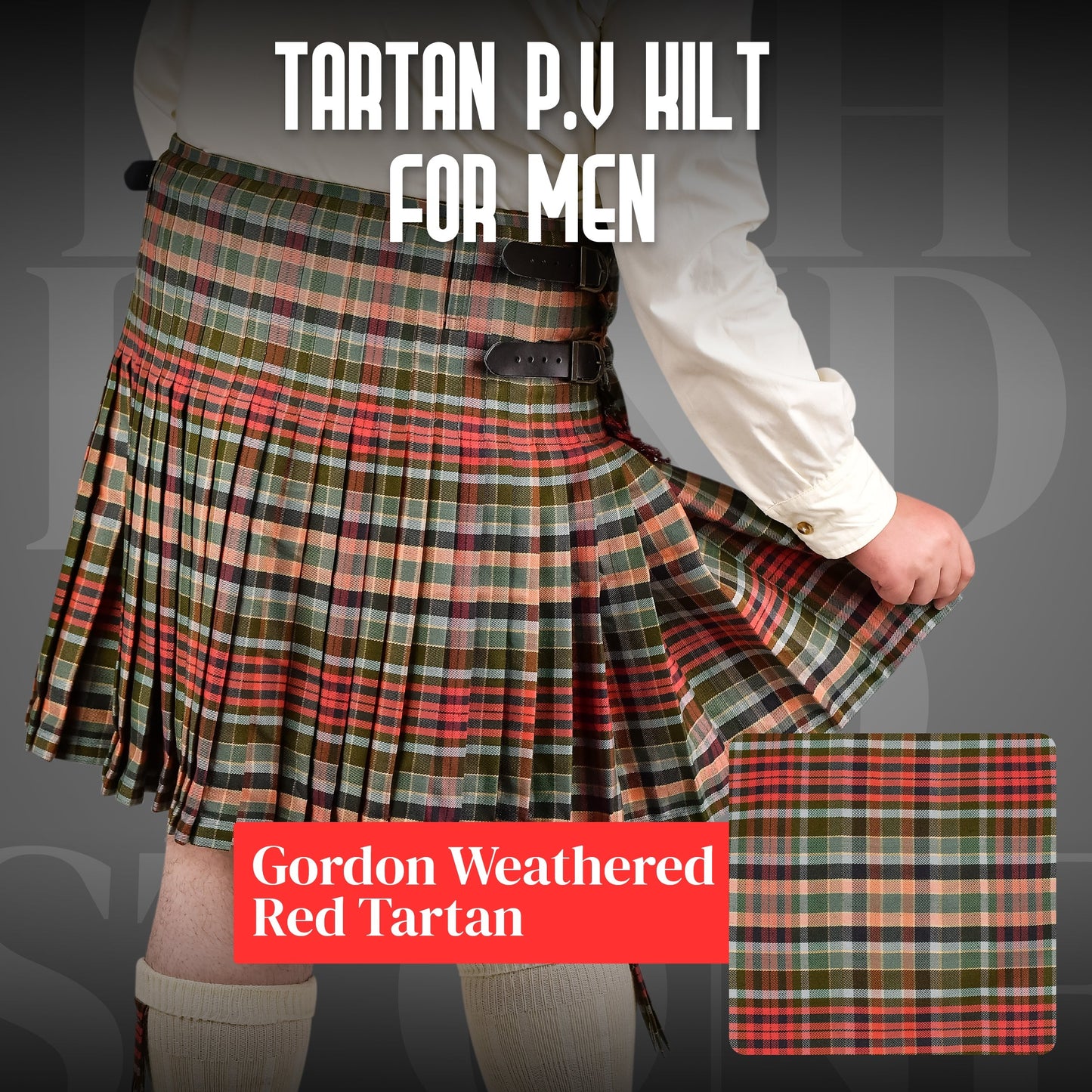 Kilt for Men I Gordon Weathered Red Tartan Kilt Polyviscose 8 Yard Traditional Men Kilt | Big & Tall