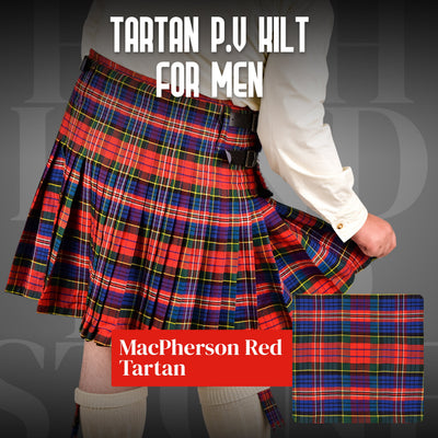 Kilt for Men I Macpherson Red Tartan Kilt Polyviscose 8 Yard Traditional Men Kilt