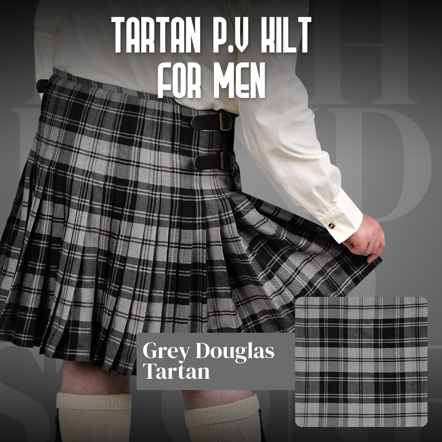 Kilt for Men I Grey Douglas Tartan Kilt Polyviscose 8 Yard Traditional Men Kilt | Big & Tall