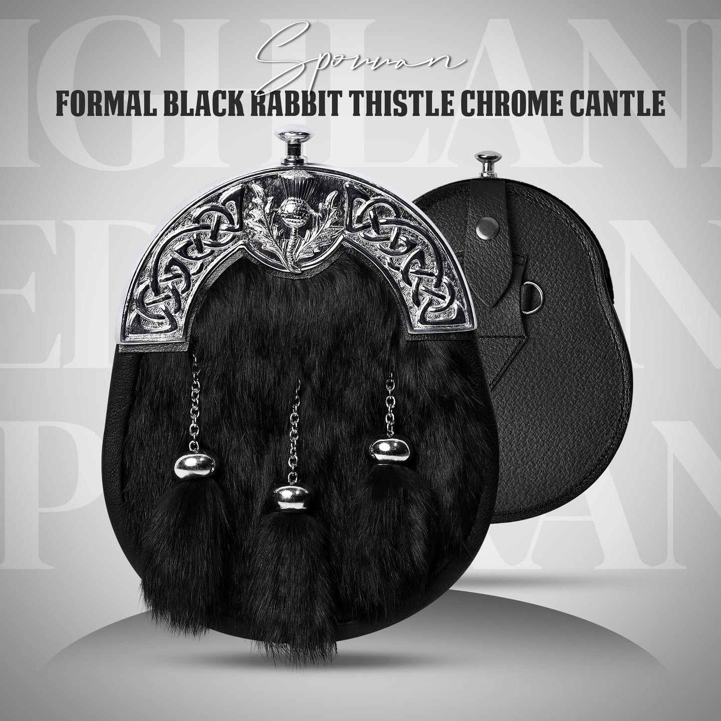 Black Rabbit Fur Sporran Chrome Cantle