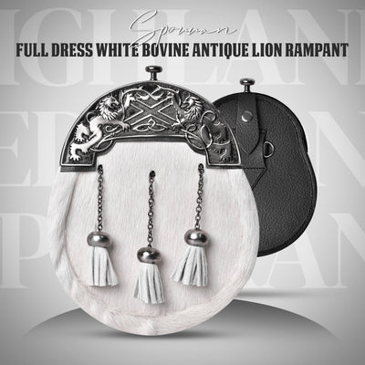 Formal White Bovine Sporran with Antique Lion Rampant Cantle
