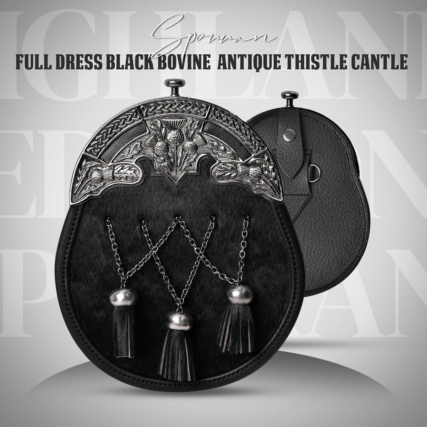 Scottish Black Bovine Sporran with chain belt and cross chain tassels design