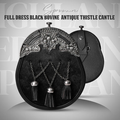 Scottish Black Bovine Sporran with chain belt and cross chain tassels design