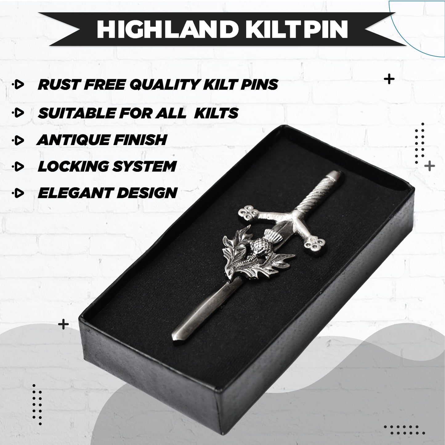 Chrome Thistle kilt pin with elegant thistle design