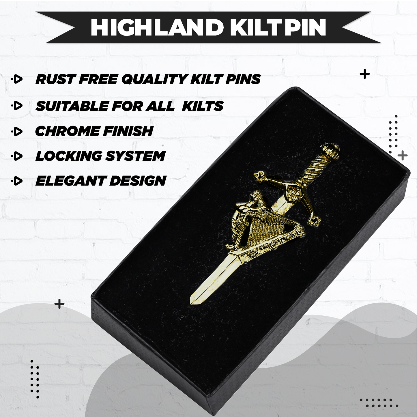 Antique Kilt Pin with a detailed Irish Harp design, perfect for adding elegance to your kilt outfit.