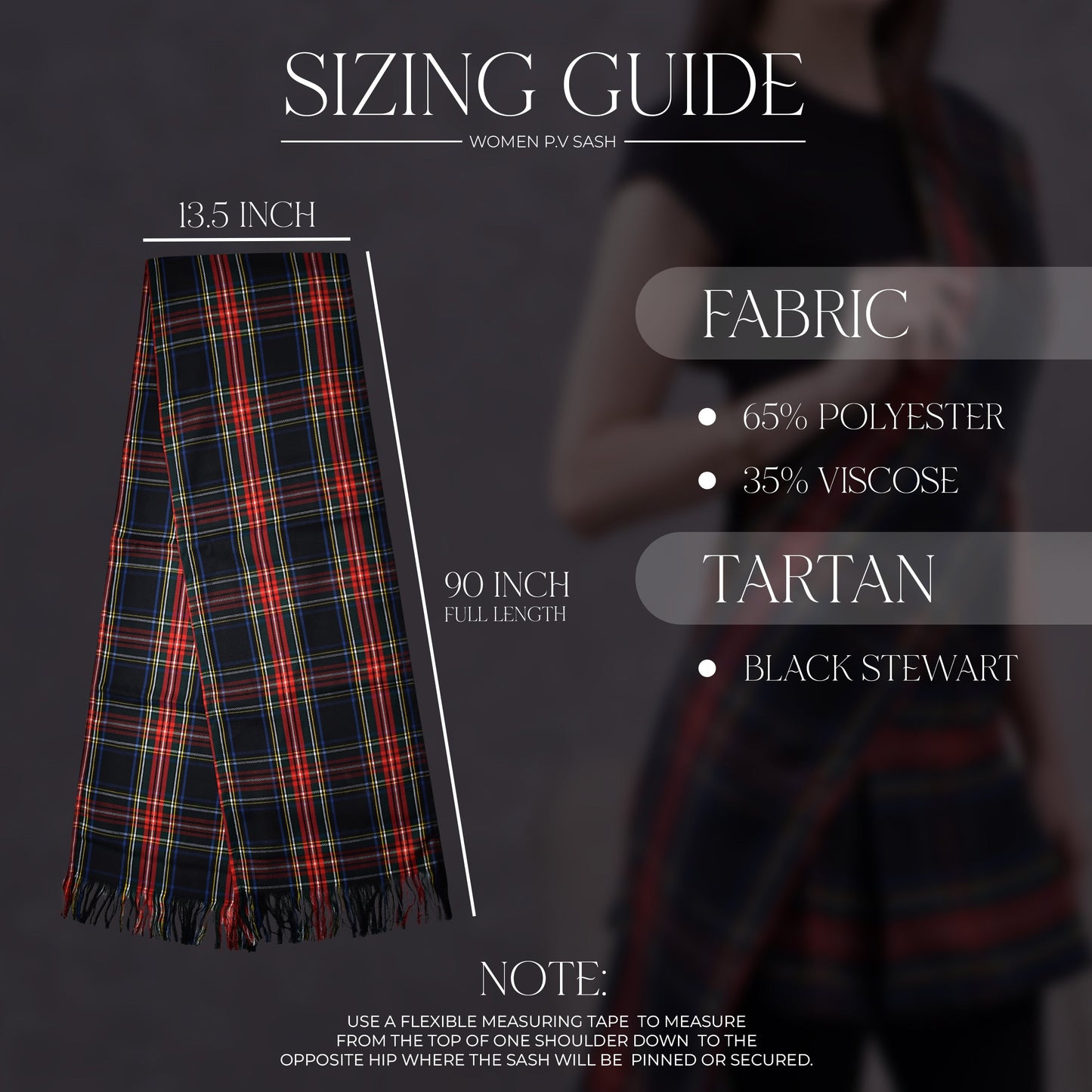 Women's Sash in Black Stewart Tartan