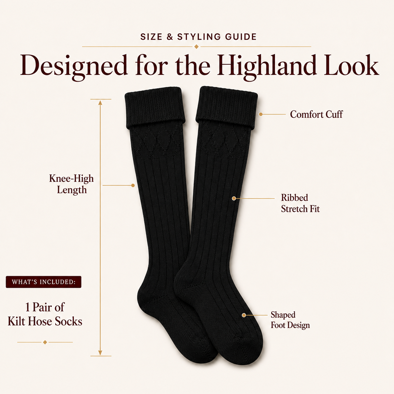 Comfortable Wool Blend Black Kilt Hose | High-Quality Kilt Socks