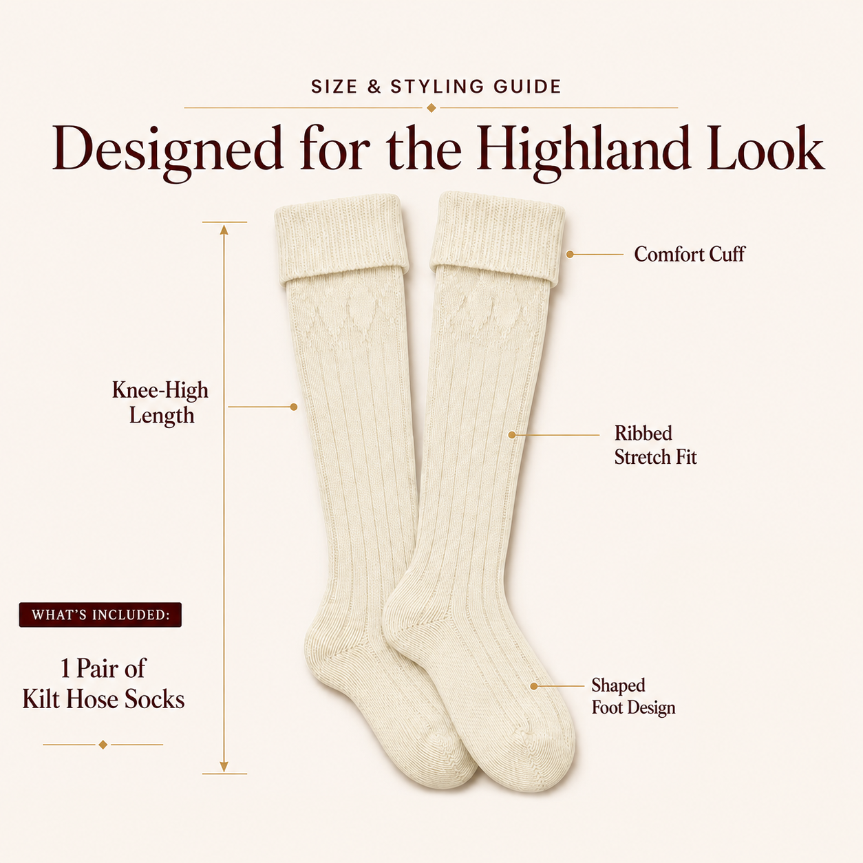 Comfortable Wool Blend Cream Kilt Hose | High-Quality Kilt Socks