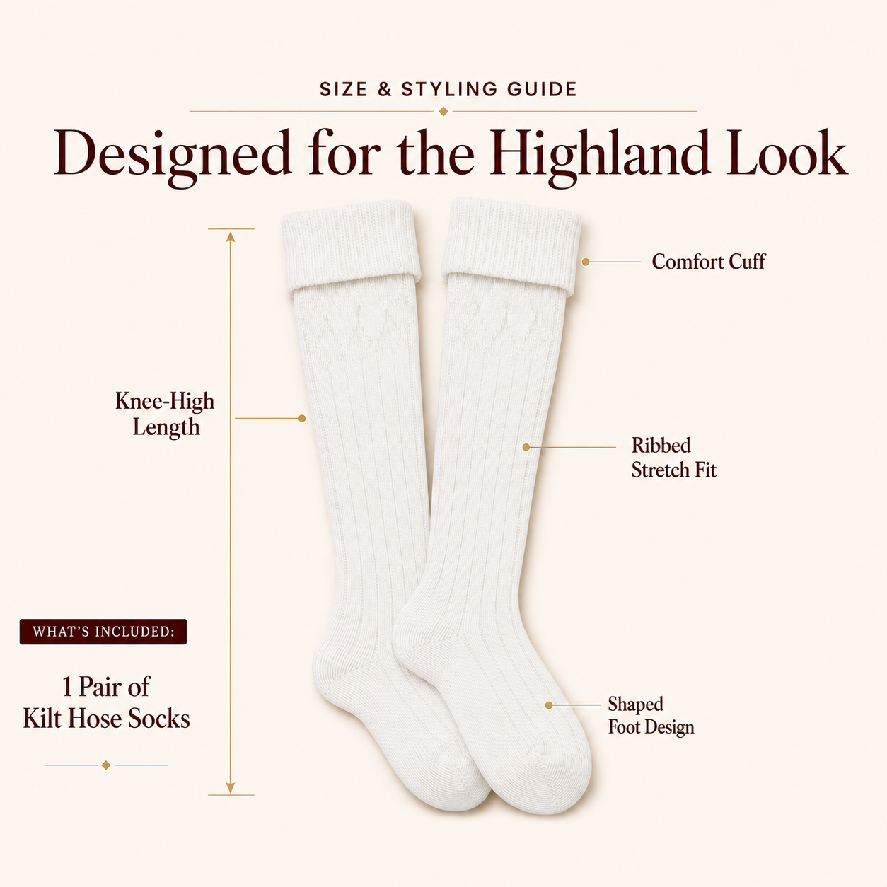 Comfortable Wool Blend White Kilt Hose | High-Quality Kilt Socks