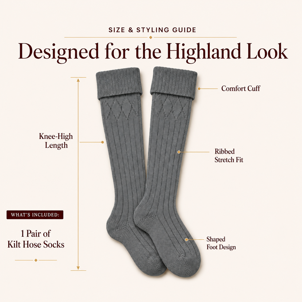 Comfortable Wool Blend Grey Kilt Hose | High-Quality Kilt Socks