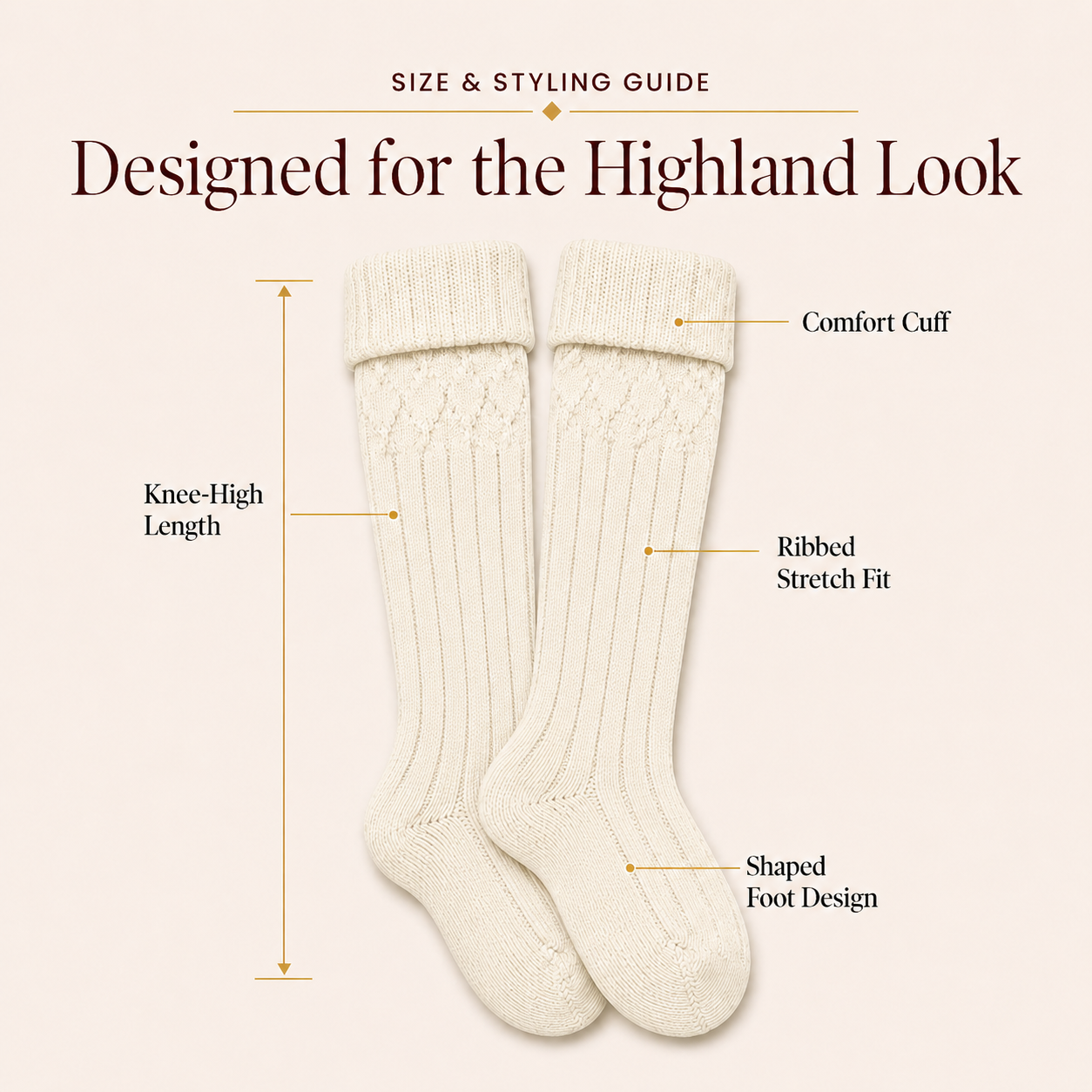 Comfortable Wool Blend Cream Kilt Hose | High-Quality Kilt Socks