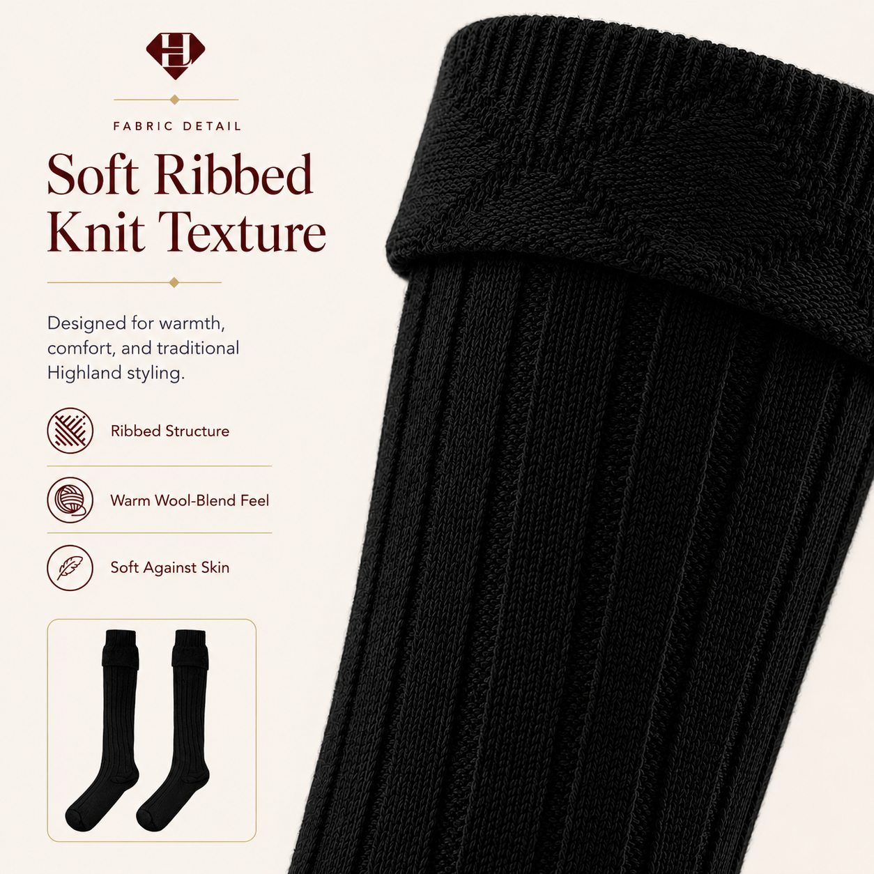 Comfortable Wool Blend Black Kilt Hose | High-Quality Kilt Socks