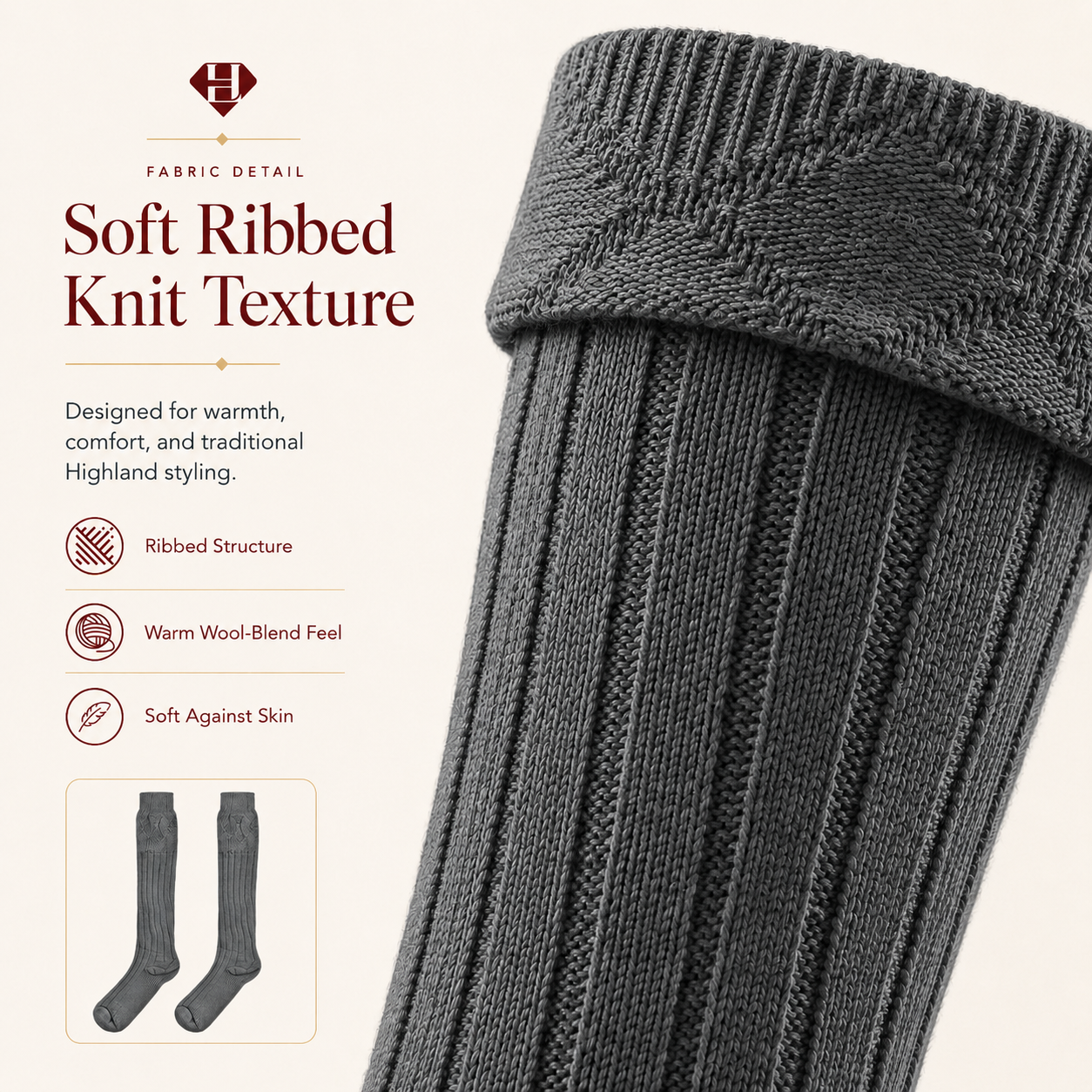 Comfortable Wool Blend Grey Kilt Hose | High-Quality Kilt Socks